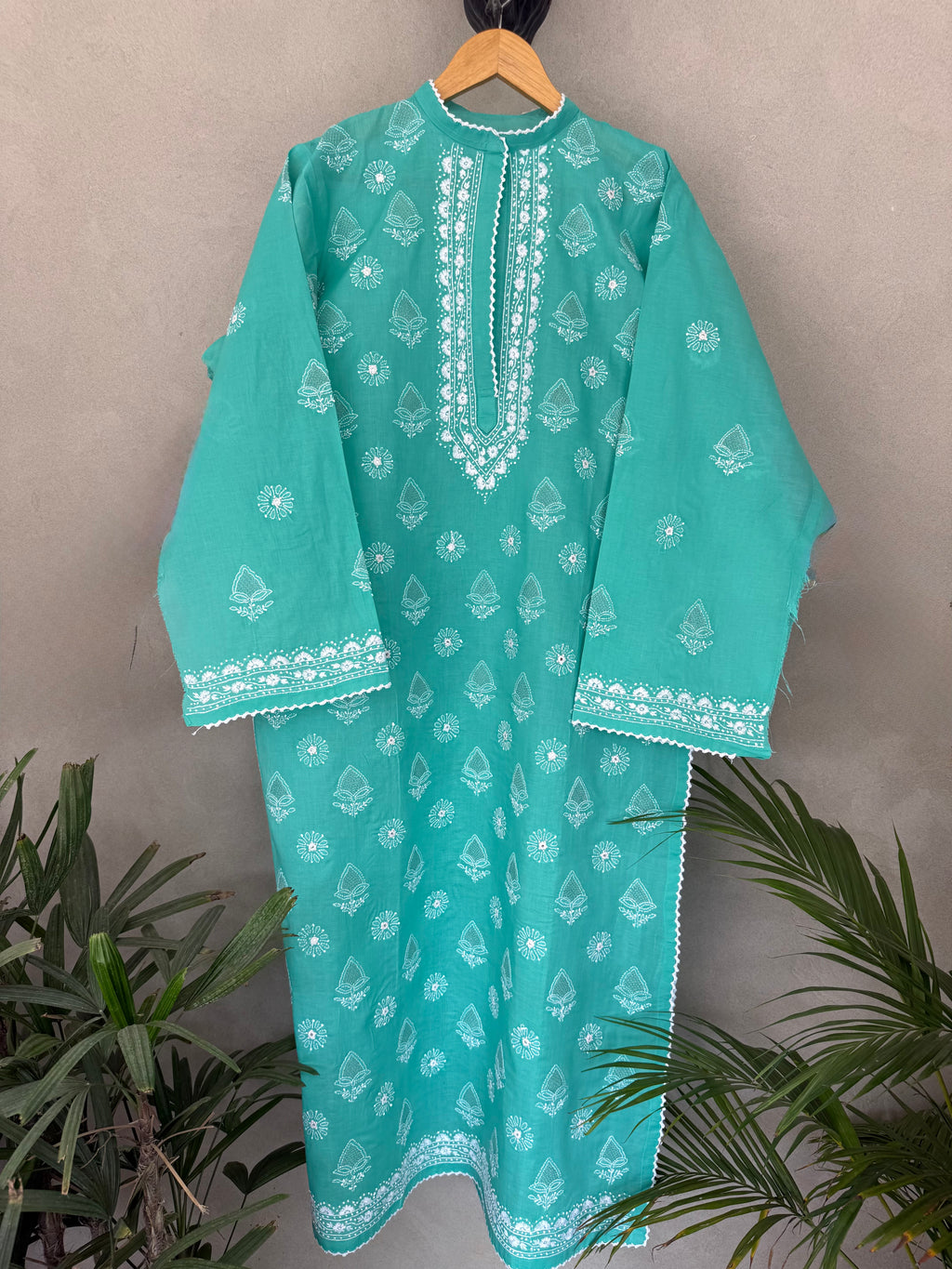 Sea green & hand embroidered kurta