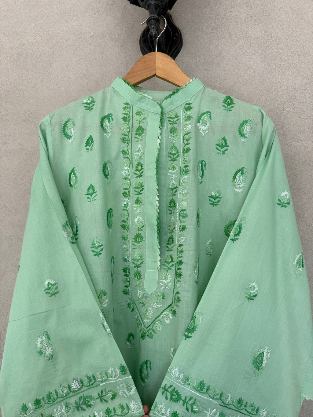 Green and white kashmiri embroidery