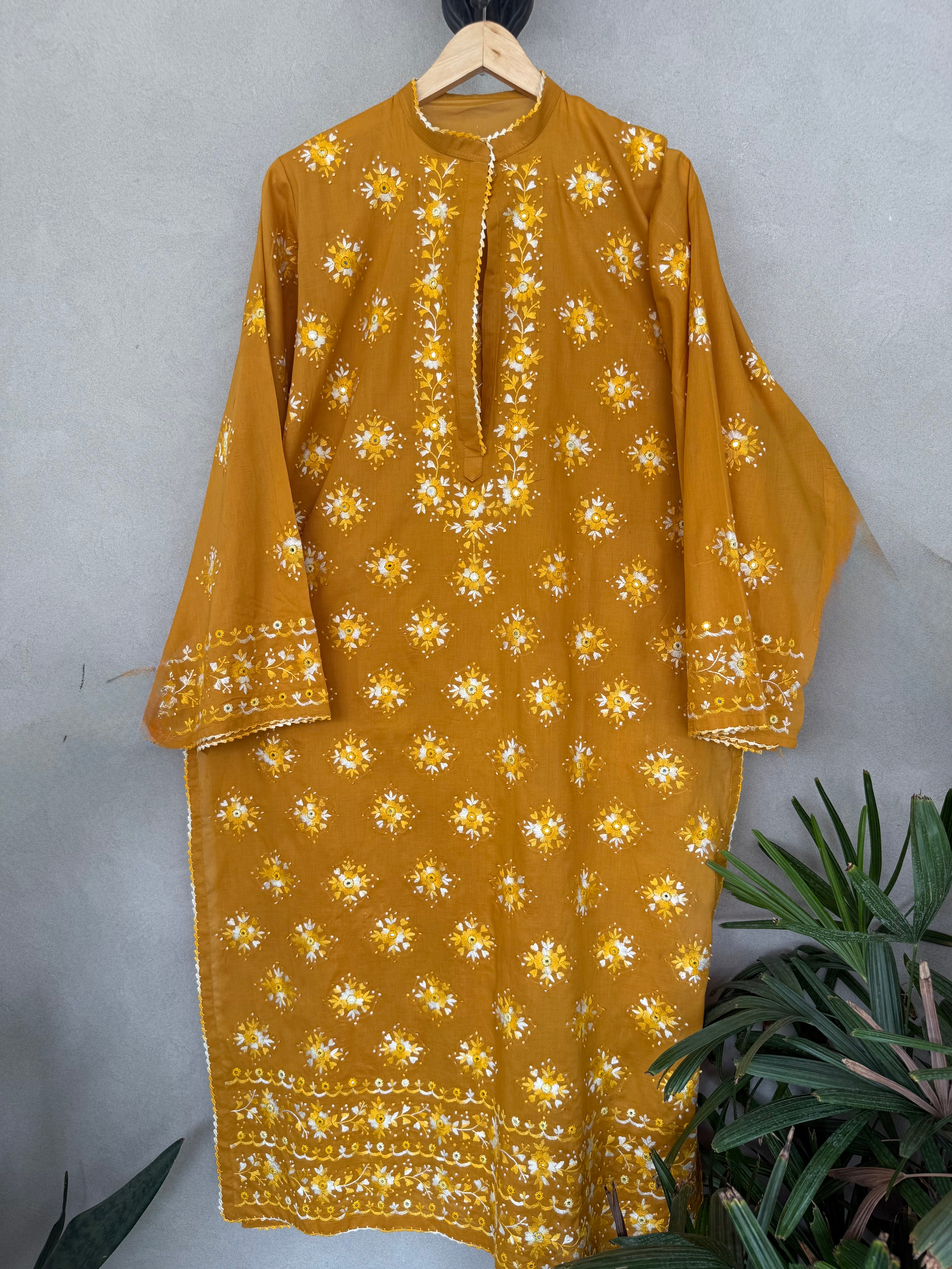 Mustard hand embroidered kurta