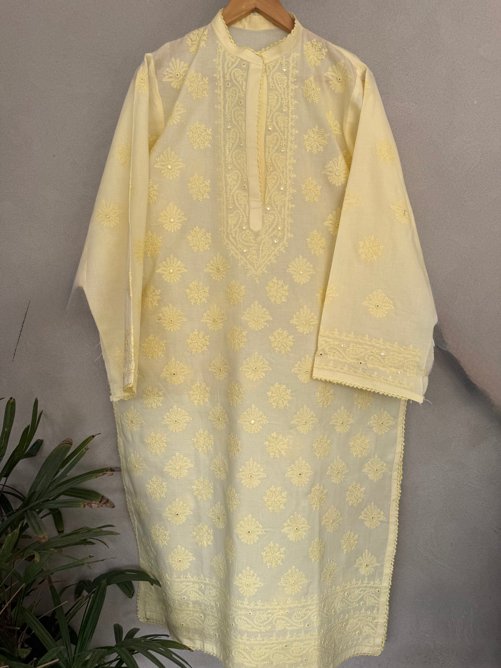 Butter yellow hand embroidered kurta