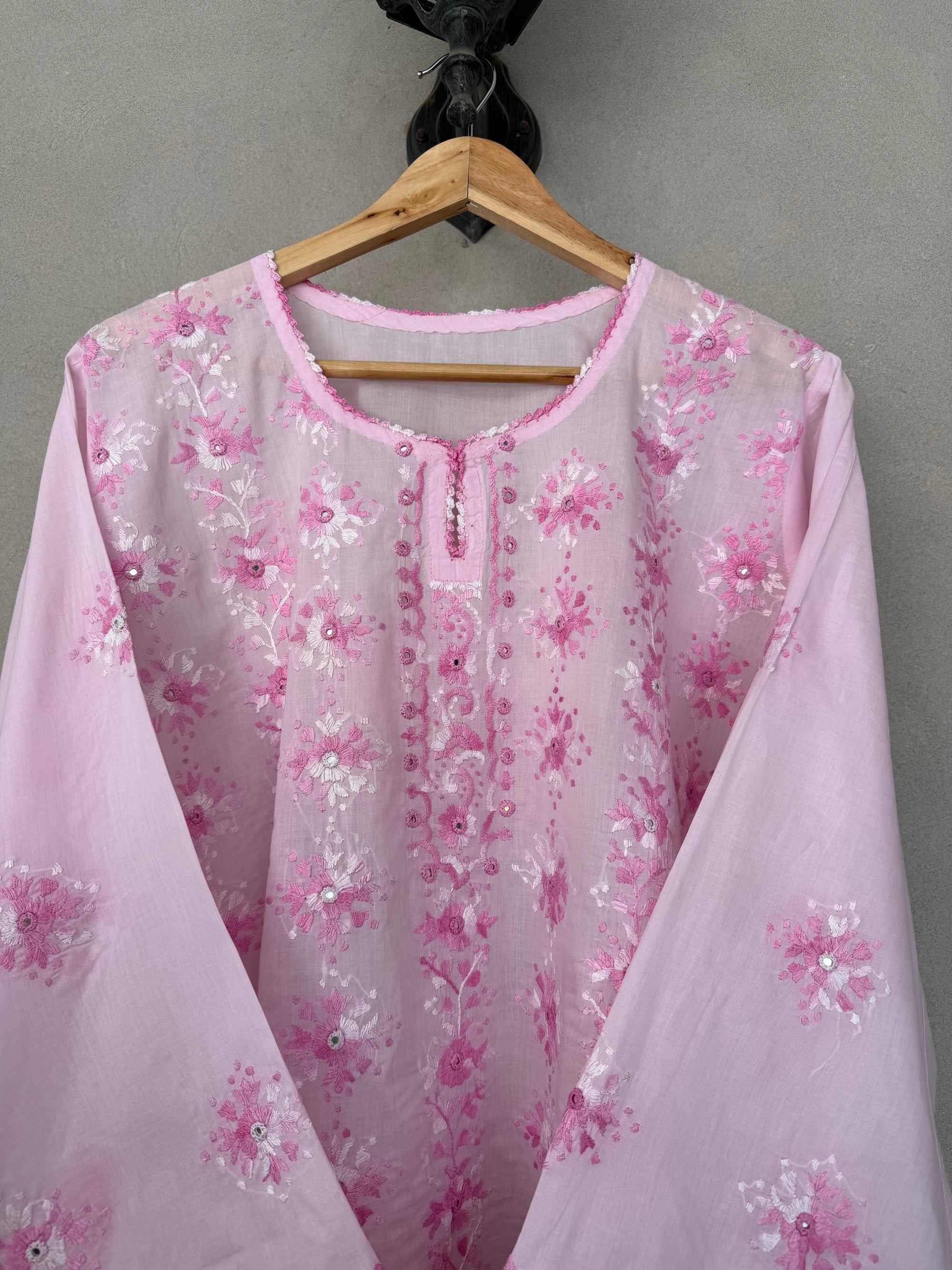 Pink & White Hand Embroidered Kurta