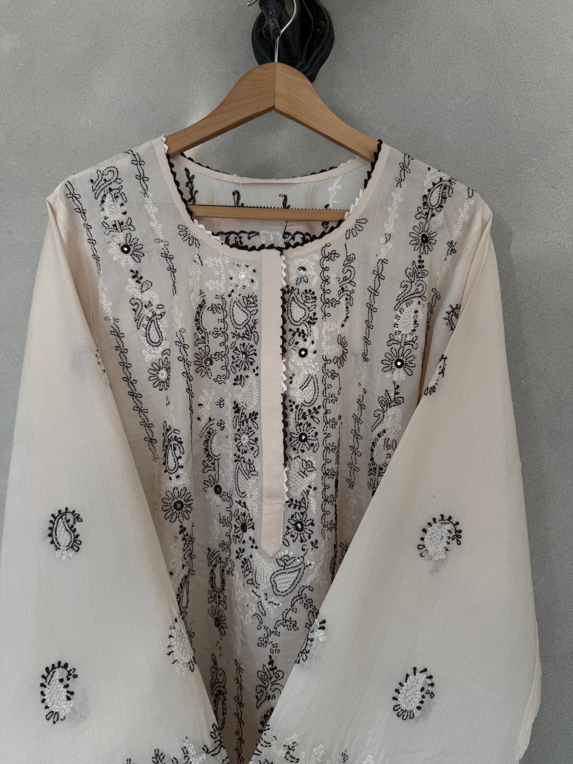 Peach and black hand embroidered kurta