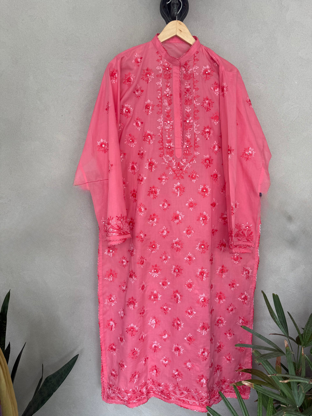 Coral hand embroidered kurta