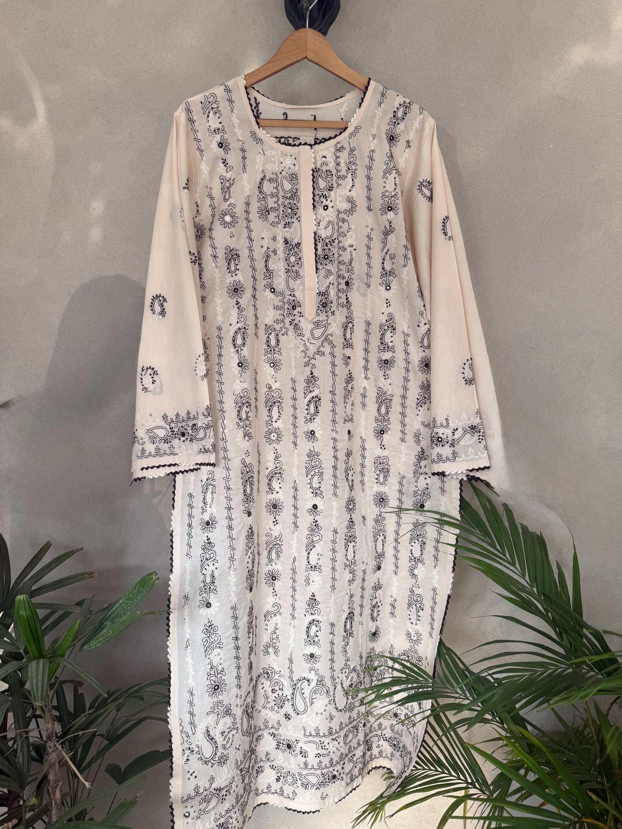 Peach and black hand embroidered kurta