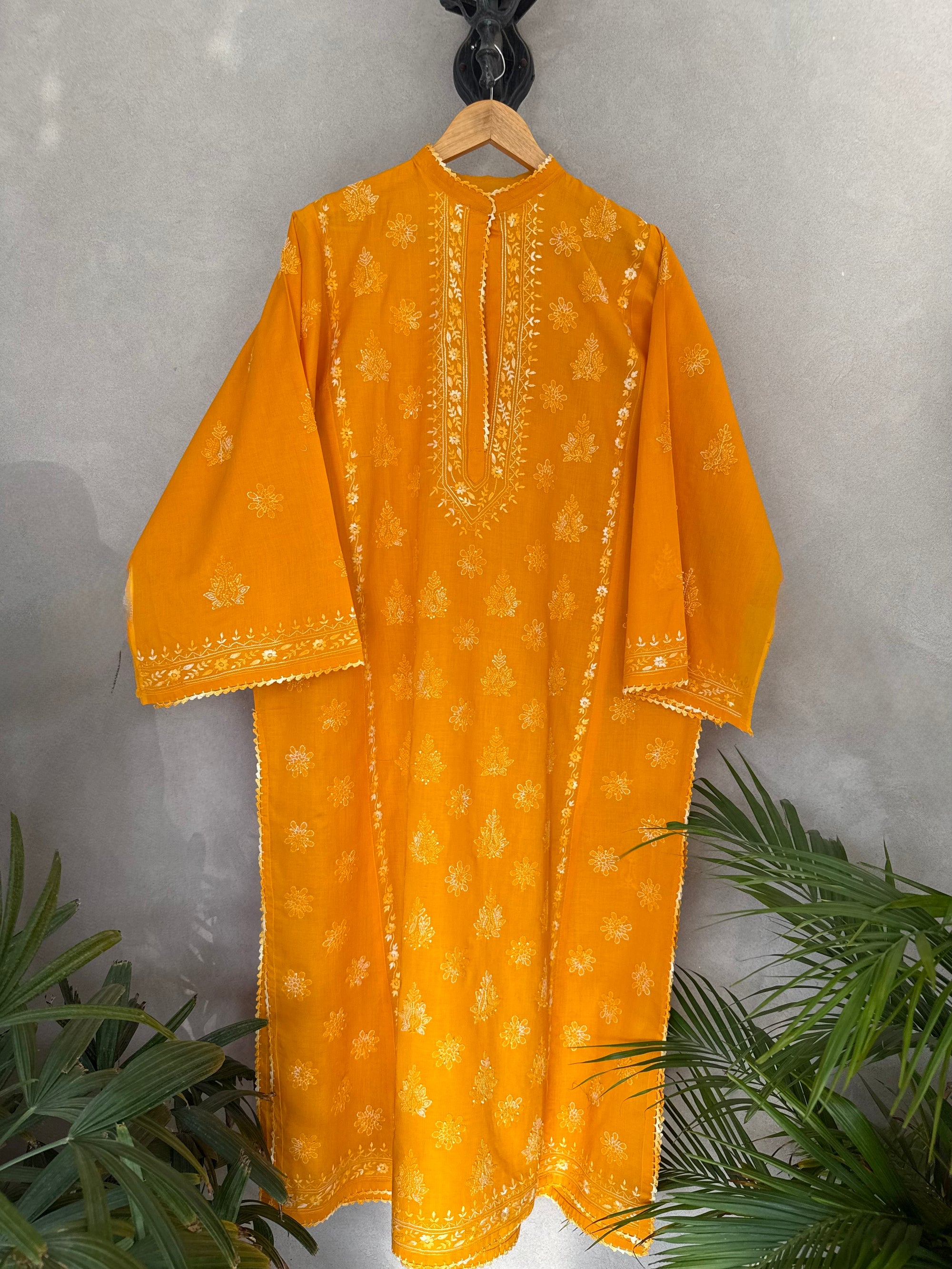 Mustard orange hand embroidered kurta