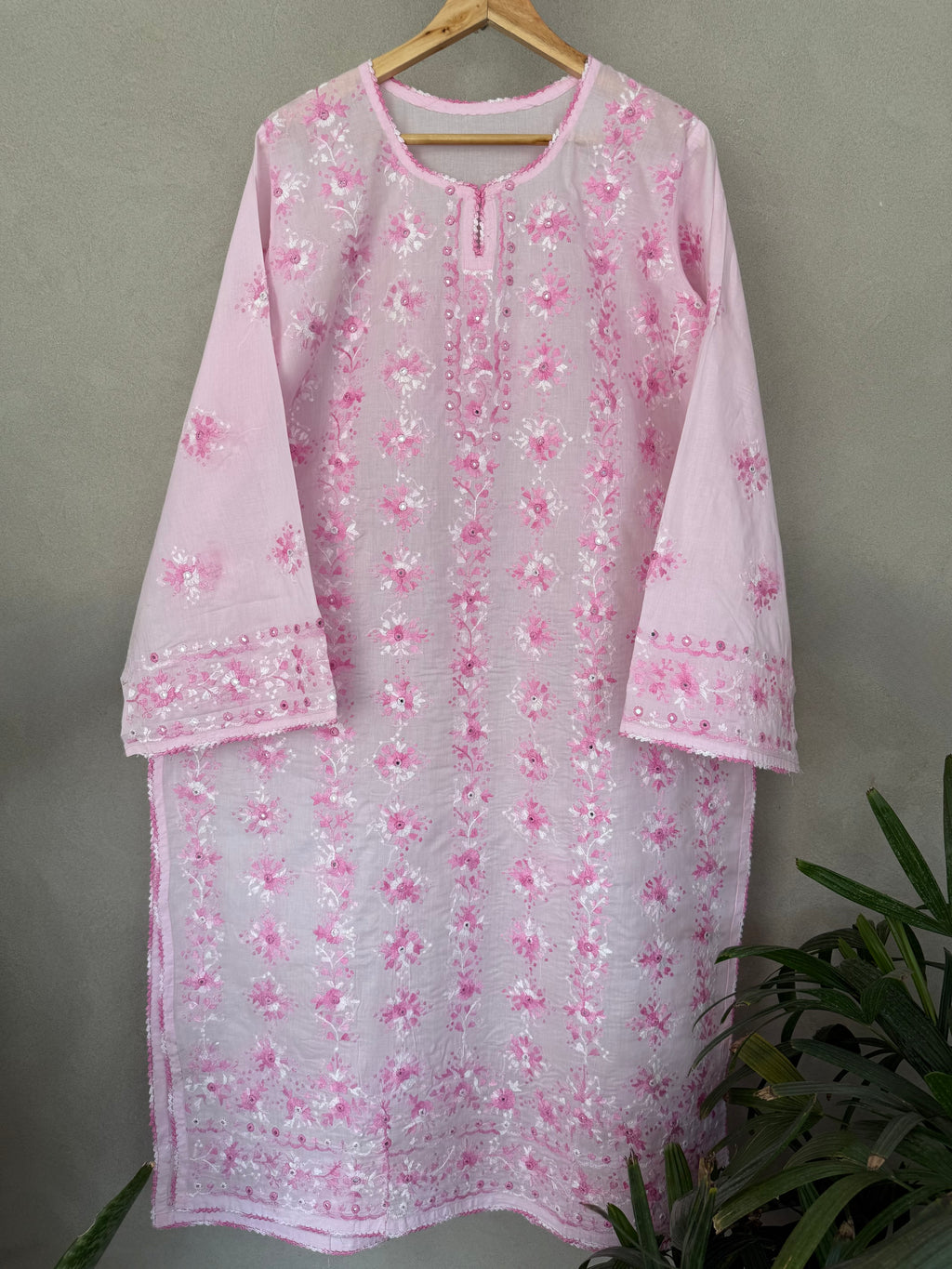 Pink & White Hand Embroidered Kurta