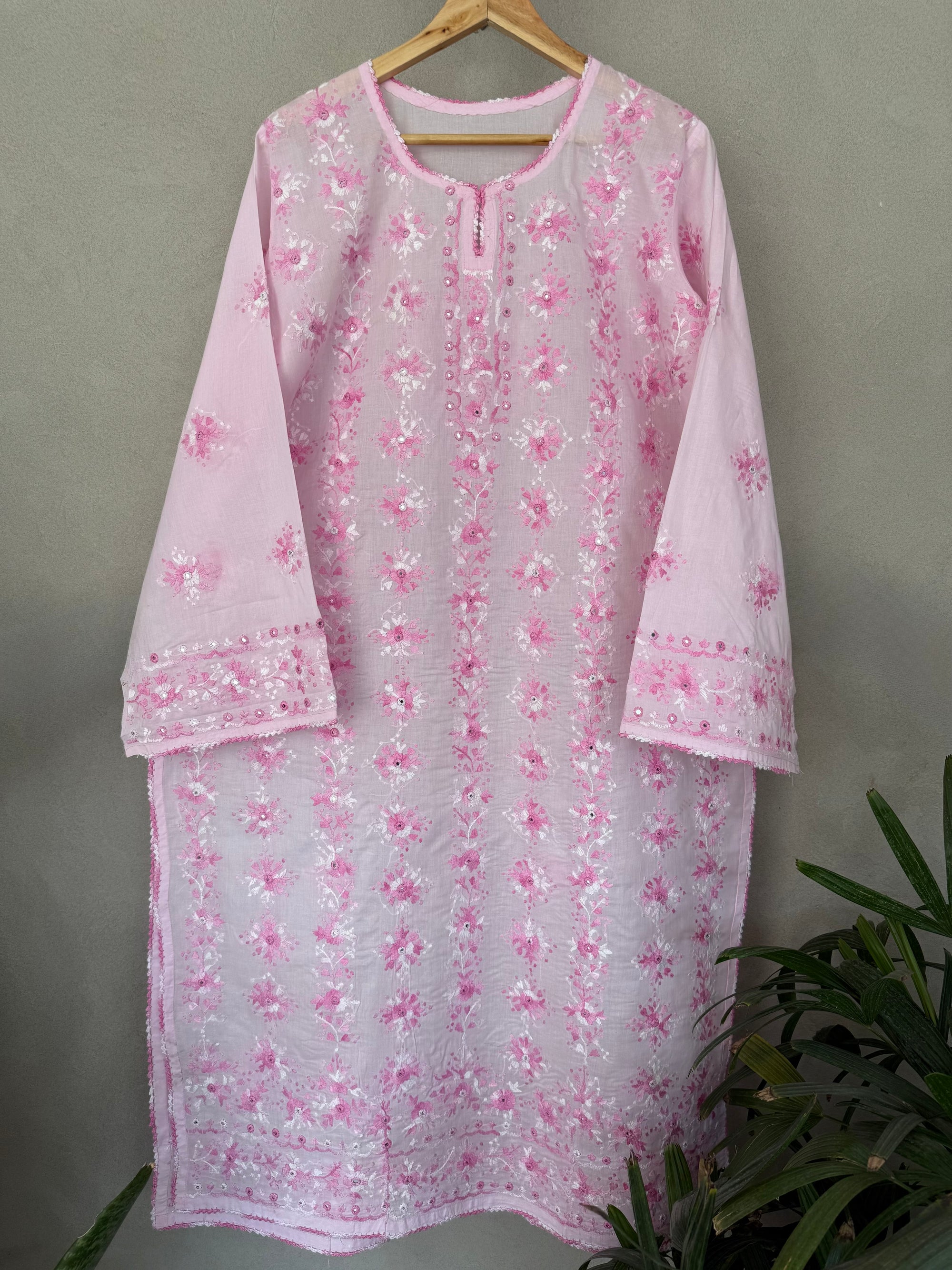 Pink & White Hand Embroidered Kurta