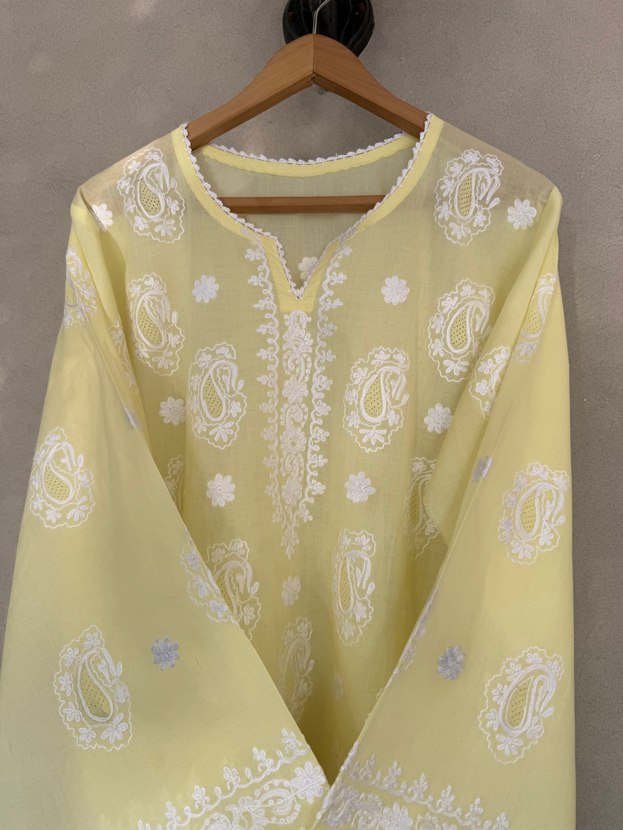 Yellow & white hand embroidered kurta & dupatta