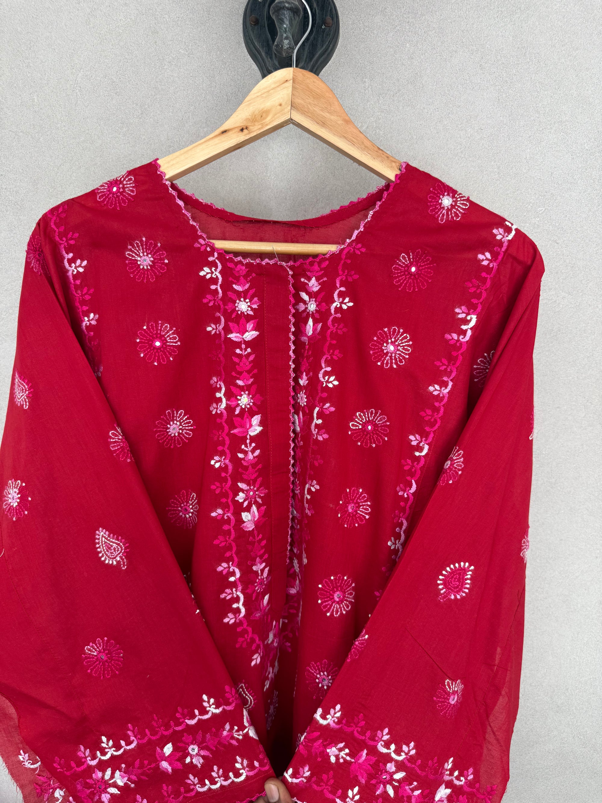 Red hand embroidered kurta