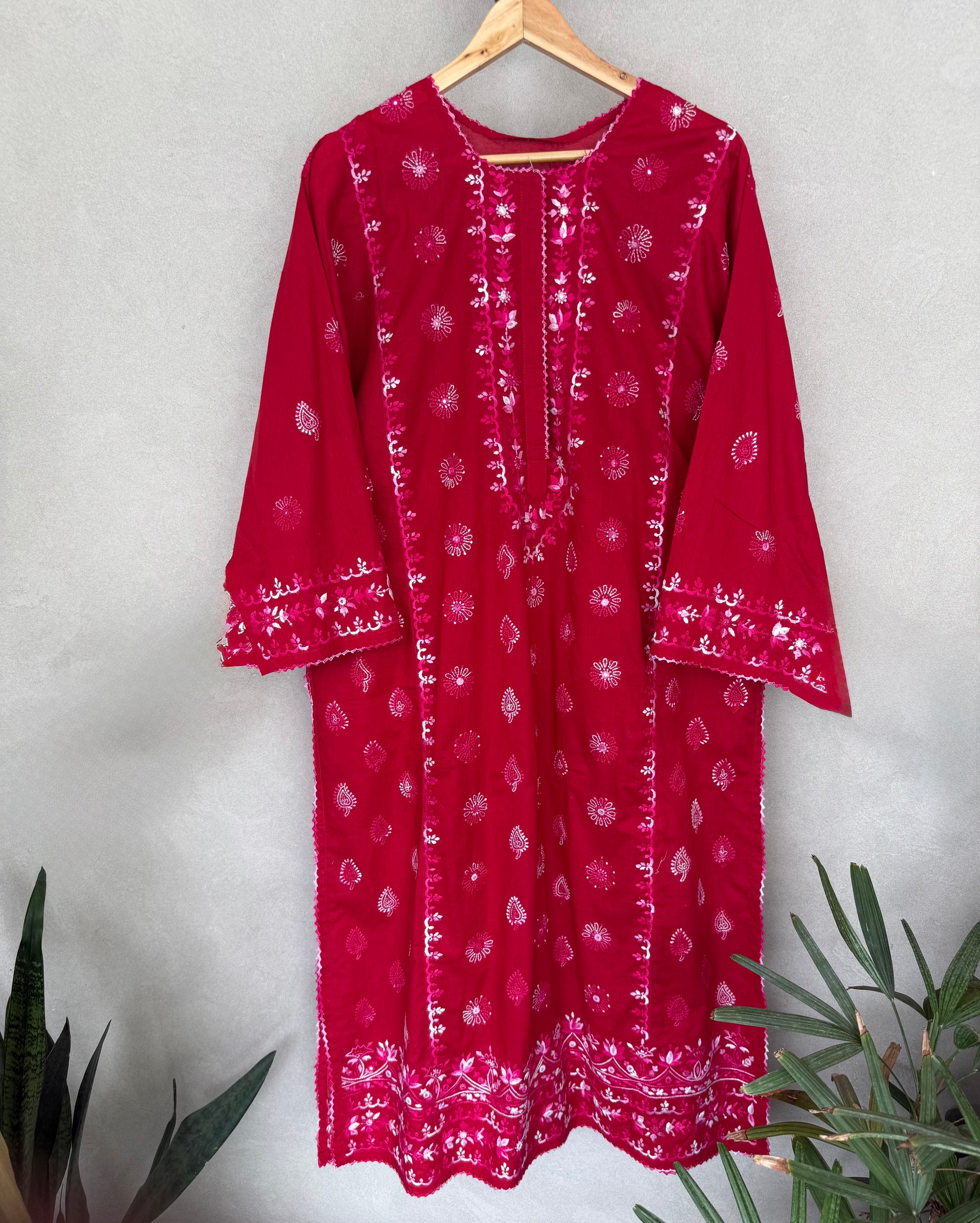 Red hand embroidered kurta